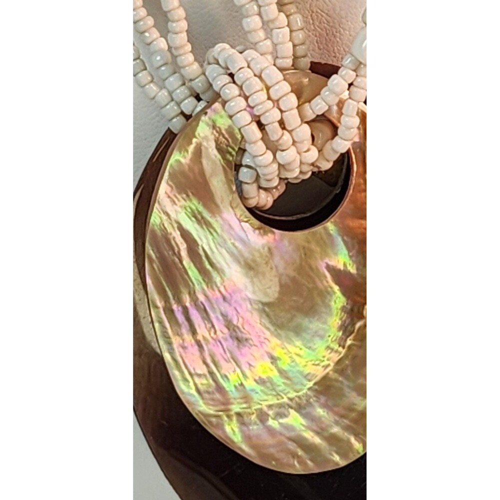 Vintage 80s Boho Tiered Shell Statement Necklace Multiple White Seed Bead Strand - Picture 9 of 12
